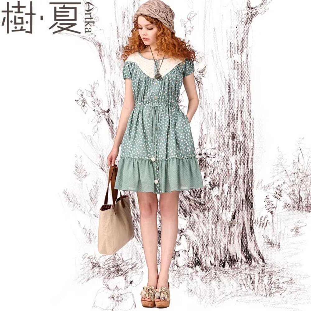 Artka - Summer cotton print stitching eyelet dress